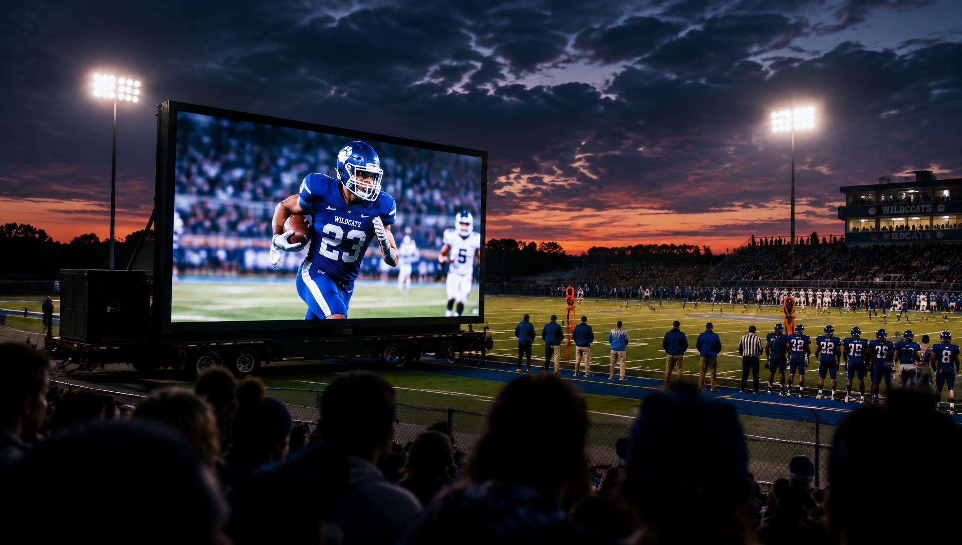 Mobile LED screen trailer at a night football game